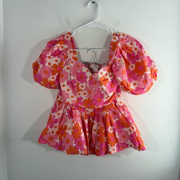 Collective The Label Pink Orange Floral Puff Sleeve Top Mini Skirt Set 0 Petite - Picture 2 of 13